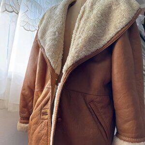 Vintage sheepskin shearling coat full length 100% real natural leather